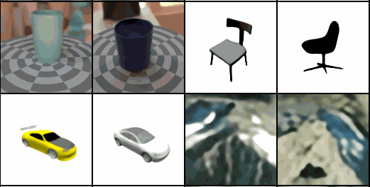 Equivariant neural rendering results on cups, chairs, cars, and mountains